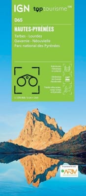 IGN Top 100 (D65) Hautes-PyrÃ©nÃ©es travel map featuring Tarbes, Lourdes, Cirque de Gavarnie, Pic du Midi, and GR 10 mountain trails.