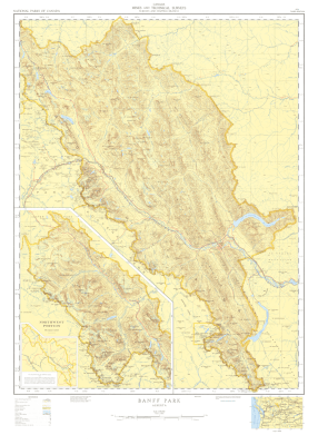 Vintage Banff National Park topographic wall map showing Alberta Rocky Mountains, Lake Minnewanka, and elevation contours.