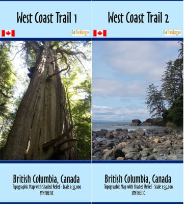 West Coast Trail maps. A two map set on synthetic paper. Detailed topographic base map with shaded relief of the West Coast trail located in SW British Columbia, Canada. This is one challenging trail that's about 80 km long, so proper planning is key. Thi