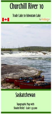 Churchill River Map 10 showing the canoe route from Trade Lake to Iskwatam Lake with 1:50,000 scale topography, rapids, and campsites.