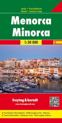 Highly detailed F&B Menorca map at 1:50k scale. Perfect for driving, cycling & hiking the Cami de Cavalls (GR 223). Locates all major calas and tourist sites.