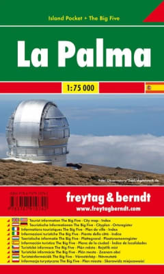 Portable F&B map of La Palma (La Isla Bonita). Ideal 1:75,000 scale for driving & all major hiking trails (Ruta de los Volcanes, GR 131). Includes city plans & tourist sites.