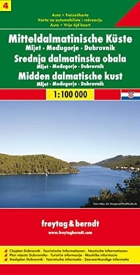 Middle Dalmatian Coast travel map 4 of Croatia and Slovenia by Freytag & Berndt. Includes Cavat, Mljet, Medugorje and Dubrovnik. In addition to the clear design, and shaded relief these road maps have a lot of additional information such as; roads, sights