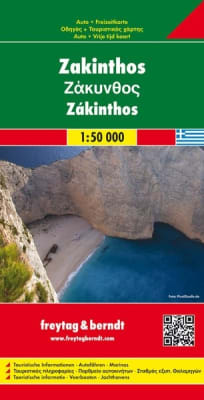 Detailed F&B Zakynthos/Zante map (1:50k) for touring the island. Locate Navagio viewpoint, Blue Caves, Laganas, and the Turtle Marine Park.