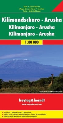 Freytag & Berndt AK159 (1:80k) trekking map for Mount Kilimanjaro, Tanzania. Detailed routes (Machame, Marangu, Lemosho), camps, contour lines, and GPS data.