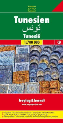 Freytag & Berndt AK36 Tunisia map (1:700k). Essential for road trips, showing roads, distances, historic sites, and the Sahara. Includes city plans for Tunis & Sousse.