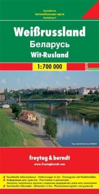Freytag & Berndt AK8301 map (1:700k) of Belarus. Essential for touring and road trips. Features Minsk inset, all highways, P-roads, and border crossings to Poland and Lithuania.