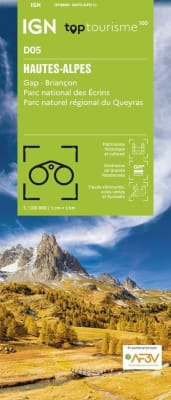 IGN Top 100 (D05) Hautes-Alpes travel map featuring Gap, BrianÃ§on, Ã‰crins National Park, and Queyras hiking trails.