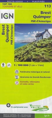 Brest Quimper France - Detailed Road Map. The brand new revision of the IGN Top 100 maps - originally designed for cyclists they should appeal to anyone who wants to explore their holiday area of France in detail by walking, cycling or by car. IGN says th