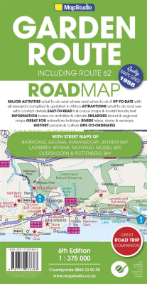 Garden Route South Africa Road Map. Includes detailed street maps of Montagu, Barrydale, Ladysmith, Oudtshoorn, Mossel Bay, Knysna, Plettenberg Bay, Humansdorp, Jeffreys Bay and George. Includes GPS coordinates at major intersections. Covers the N2 from R