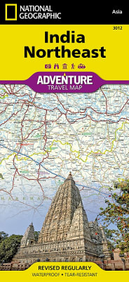 NE India National Geographic Adventure Map. The front side of the map covers the far northeastern corner of India, from its border with China and Bhutan to the north; Myanmar (Burma) to the east; and Bangladesh to the south. The states of Arunachal