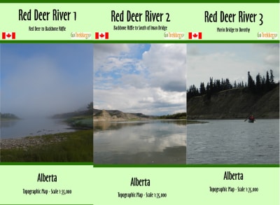 Red Deer River Canoe Map Set featuring three 1:75,000 scale topographic maps from Red Deer to Dorothy with rapids and access points.
