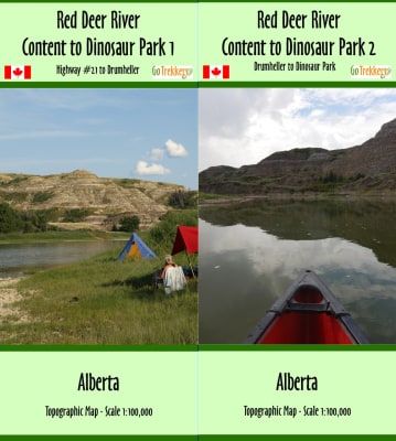 Red Deer River 1:100,000 scale topographic two-map paddling set covering the canoe route from Content to Dinosaur Provincial Park.