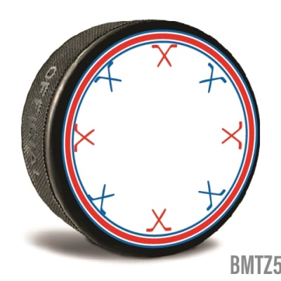 A custom printed hockey puck is personalized in bright colors and text written to personalize it for the recipients. Celebrate your Bar Mitzvah and  let guests take home a memory.