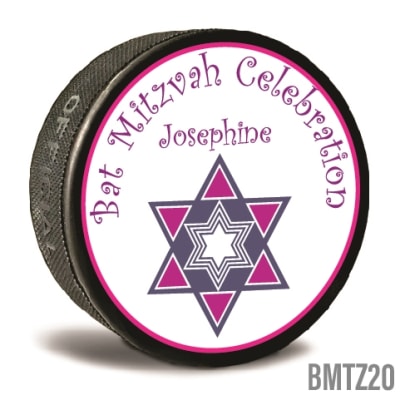 Your Bar Mitzvah can be personalized and memorable with custom printed pucks. Star of David custom printed pucks