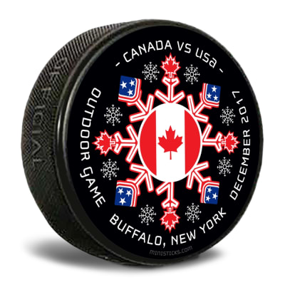 Canada vs USA custom printed pucks for events and logo pucks.