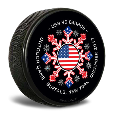 USA vs Canada custom printed pucks for events and logo pucks.