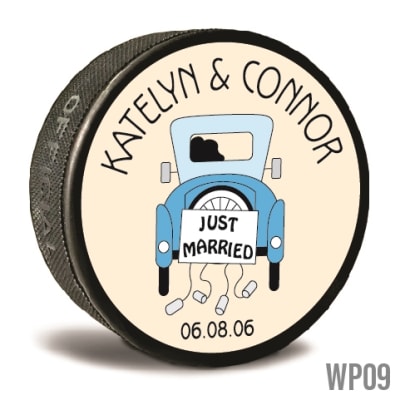 Your wedding can be personalized and memorable with custom printed pucks. Old car custom printed pucks are customizable hockey pucks and hockey wedding favors
