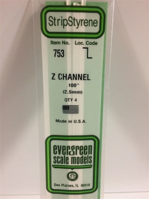 Evergreen Scale Models .100" 2.5mm Opaque White Polystyrene Z Channel
