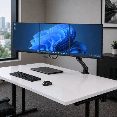 Triple Monitor Desk Mount for up to 27 inch flat screen monitors