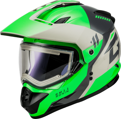 GMAX GM-11S RONIN SNOW HELMET W/ ELEC SHIELD GREEN/GREY