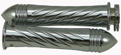 Chrome Yamaha R1, R6, R6s, FZ1 Grips Curved-In, Swirled, Pointed Ribbed Ends (product code# CA3255PR)