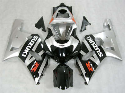 Silver/Black motorcycle fairings for Suzuki GSX-R 600/750. Designed for a perfect fit with a sleek, durable finish. Upgrade your bike’s style and performance today!