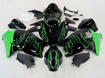 Motorcycle Fairings Kit - 1999-2007 Suzuki GSXR 1300 Hayabusa Green Flame on Black Fairings | NSH9907-127