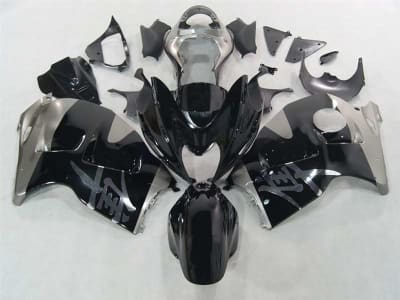 Motorcycle Fairings Kit - 1999-2007 Suzuki GSXR 1300 Hayabusa Silver Kanji on Black Fairings | NSH9907-23