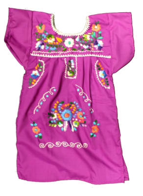 Girls Mexican Embroidered Pueblo Dress - Magenta