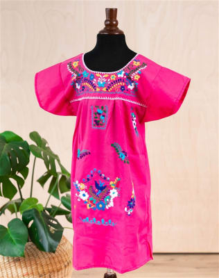 Girls Mexican Embroidered Pueblo Dress - Pink