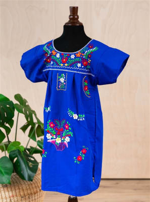 Girls Mexican Embroidered Pueblo Dress Royal Blue