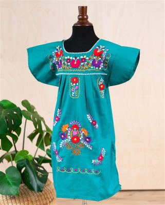 Girls Mexican Embroidered Pueblo Dress - Teal