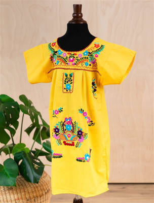 Girls Mexican Embroidered Pueblo Dress - Yellow