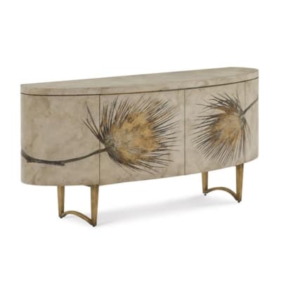 Chardon Cabinet with beech wood frame, gold stucco finish, and fossilized palm door design
