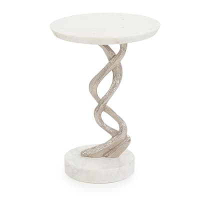 Windswept Silver Martini Table with white marble top and sculptural brass base
