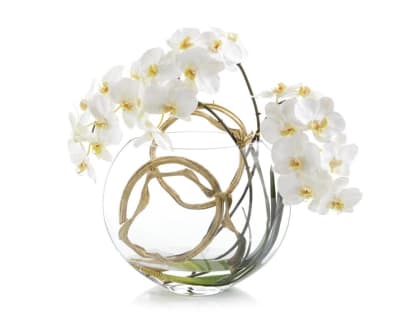 Golden Moon vase with faux orchids and golden curly vine
