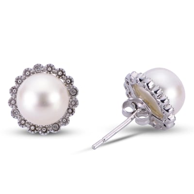 Sterling silver 8-8.5MM Freshwater cultured pearl and diamond earrings with 8 diamonds at .035 cttw.