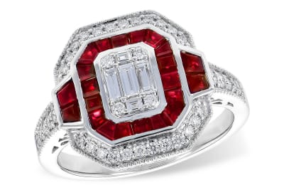 Ruby and Diamond Art Deco Style Ring 14K White Gold Ring