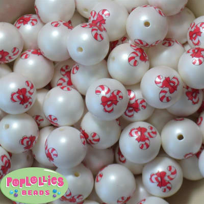 20mm Candy Cane Print on a White Matte Bead