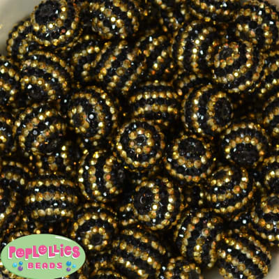 20mm Gold and Black Stripe Rhinestone Bubblegum Beads Bulk