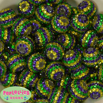 20mm Green, Yellow and Purple Stripe Rhinestone Bubblegum Beads Bulk