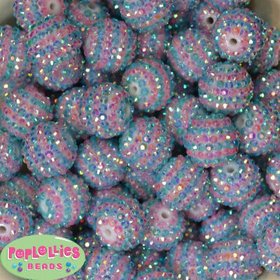 20mm Pink & Blue Stripe Rhinestone Bubblegum Beads Bulk