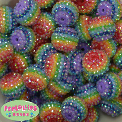 20mm Rainbow Stripe Rhinestone Bubblegum Beads Bulk