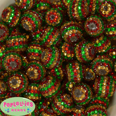 20mm Red, Gold, and Green Stripe Rhinestone Bubblegum Beads Bulk