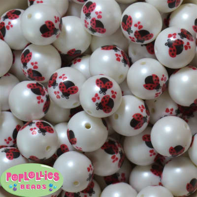 20mm Valentine Ladybug Print on a White Matte Bead
