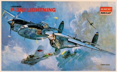 Box art illustration of WWII U.S. fighter, P-38J Lightning flying high in the clouds in a model kit by Academy.