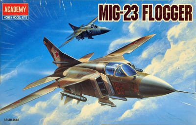 Box art illustration of MiG 23 flying with another.
