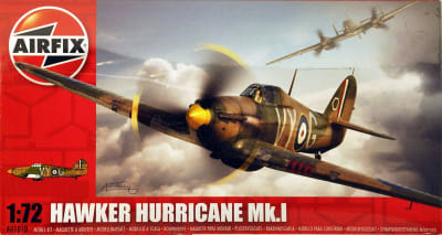 Photo box art of actual scale model Hawker Hurricane by Airfix in the red box from the 2000s.