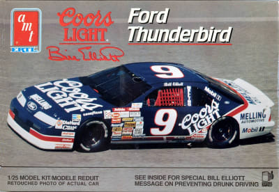 Actual photo of NASCAR race car produced by Monogram as a model kit for #9 Coors Light Bill Elliott Ford Thunderbird.